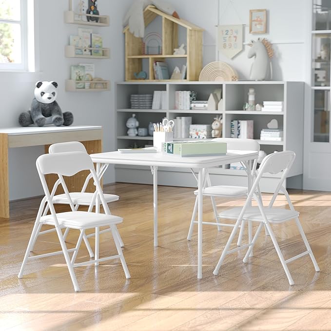 Flash Furniture Mindy Kids 5-Piece Folding Square Table and Chairs Set for Daycare and Classrooms, Children's Activity Table and Chairs Set, White