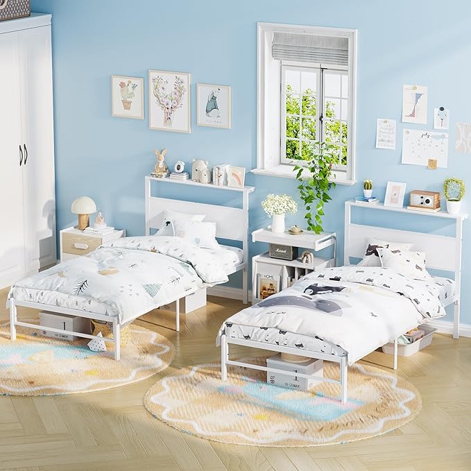Weehom Twin Bed Frames for Kids, Twin Size Bed Frames with Wood Headboard Shelf - No Box Spring Needed White Metal Platform Bed for Girls, Boys and Students