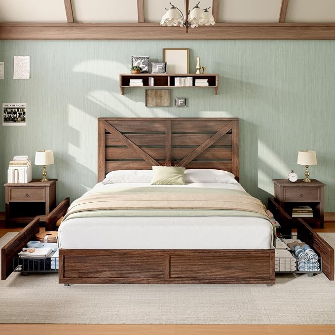 AMERLIFE Full Size Farmhouse Bed Frame with 4 Drawers, Wooden Storage Bed Frame with Headboard and Heavy Duty Metal Slats, Noisy Free, Easy Assemble, Rusric Brown