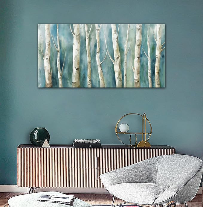 Birch Trees Canvas Wall Art - Abstract Birch Pictures for Wall Decor Modern Turquoise Canvas Painting Nature Printing Artwork for Living Room Bedroom Home Office Wall Decoration 29" x 58"