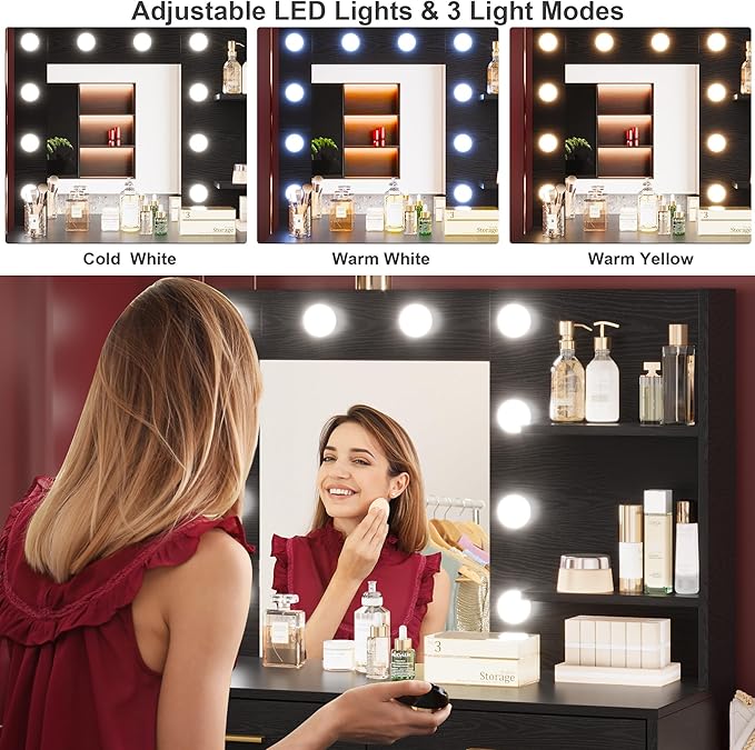 GarveeHome 61 in Make up Vanity Desk with Mirror and Lights, Black Vanity with 8 Wide Storage Drawers & 2 Tier Shelves, 3 Lighting Modes with Adjustable Brightness for Bedroom