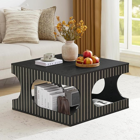 31.5" Square Coffee Table with Storage, Mid-Century Modern Center Table with Arched Cutouts and Carved Lines, 2-Tier Tea Table for Living Room, Cat-Friendly Base (Black)