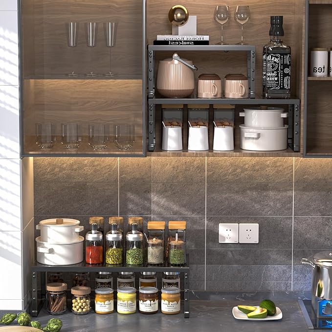 Cabinet Shelf,Expandable Adjustable Stackable Kitchen Organizer,for cabinets, Kitchens, countertops, bathrooms Shelf Organizer (2Packs/Black,Medium)