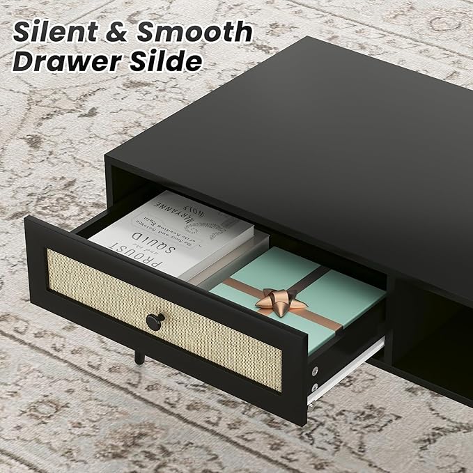 Farini Mid-Century Modern Coffee Table, 47 Inch Rectangle Console Table with Drawer & Shelf, Wooden Coffee Table for Living Room, Office, Black