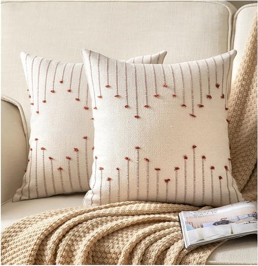 Caflife Boho Throw Pillow Covers 24x24 Set of 2 Decorative Pillows for Bed, Neutral Pillow Covers Beige with Green Line Throw Pillows for Modern Farmhouse Couch Sofa Living Room Outdoor