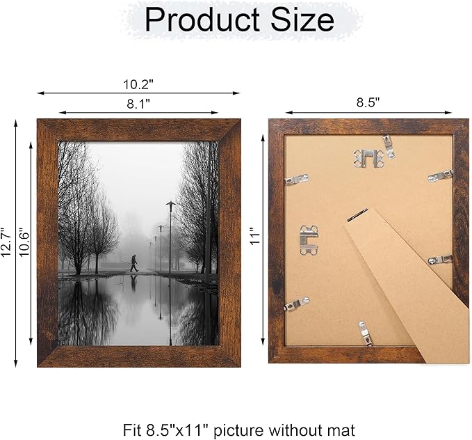 8.5x11 Picture Frame Set of 4, High Definition Real Glass Rustic Frame, Photo Frames 8.5 by 11 Diploma Document for Wall Hanging and Tabletop Display