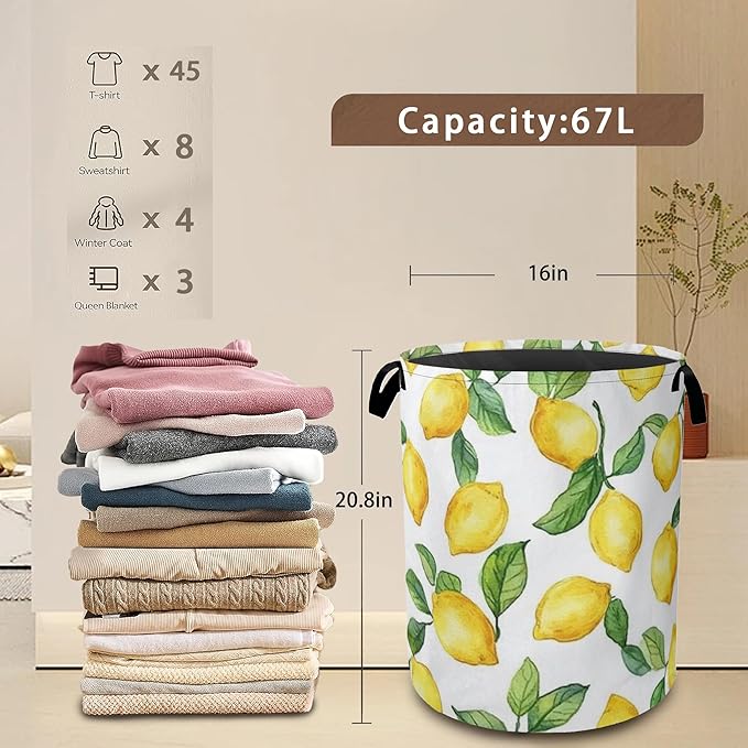 Lemon Laundry Basket,Leaves Collapsible Laundry Baskets with Handles,Waterproof Oxford Cloth Storage Basket 16"x20" for Bathroom/Bedroom/Dormitories