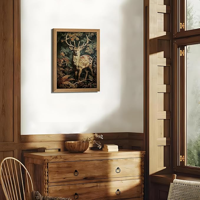 AKWISH Framed 3D Textured Vintage Wall Art - Dark Academia Decor Sika Deer Hand Drawn Sandstone Paintings with Botanical Florals, Aesthetic Wall Decor for Living Room Bedroom Home 12x16 inch