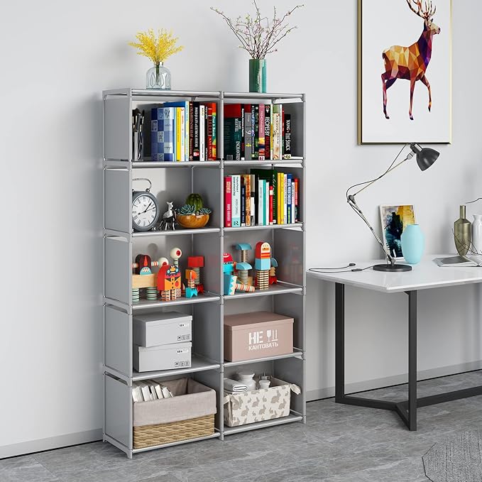 JIUYOTREE 6-Tiers Portable Bookshelf with Fabric Cloth at Back, 10 Cube Closet Storage Organizer Bookcase, Living Room,Study Room,Bedroom, Grey