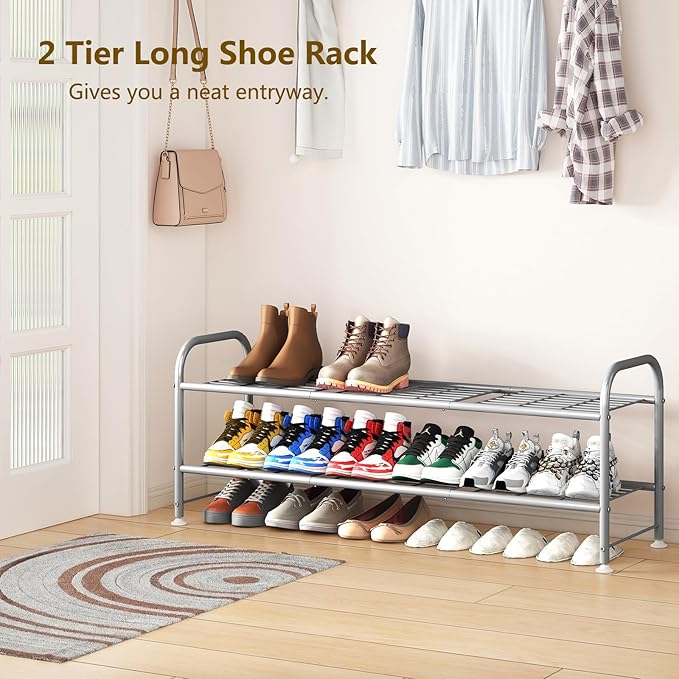 LINZINAR Shoe Rack 2 Tier Storage Organizer for Closet Entryway Metal Grey