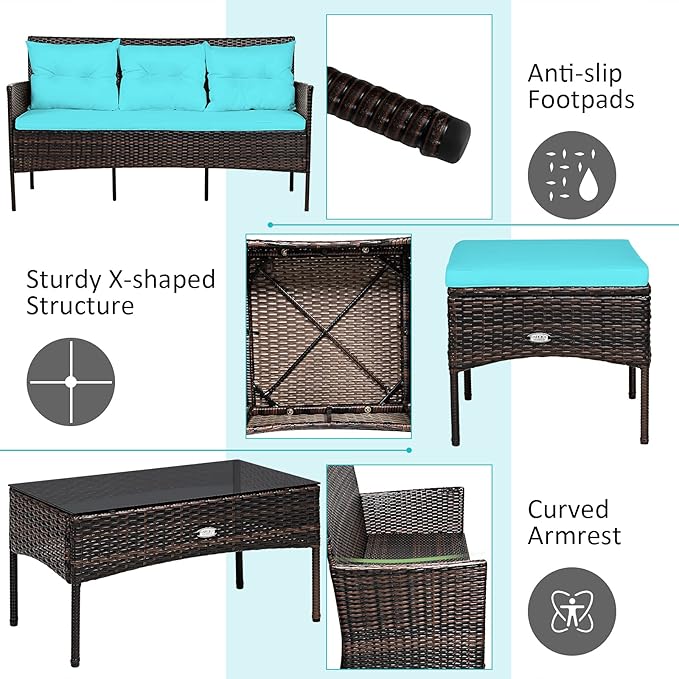 Tangkula 3 Pieces Patio Conversation Set, Outdoor PE Rattan Wicker Furniture Set W/Cozy Cushions, All Weather Sectional Sofa Set W/Tempered Glass Coffee Table for Poolside, Backyard, Garden