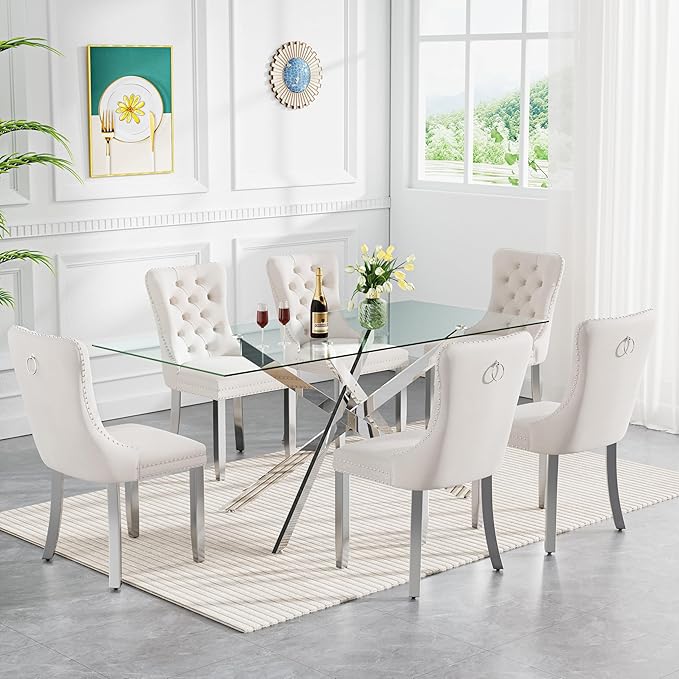 Goujxcy 7 Piece Glass Dining Table Set Modern Glass Dining Table Set for 6, 61" Rectangular Silver Kitchen Table and 6 Velvet Upholstered Chairs, Silver Table & Beige Chair