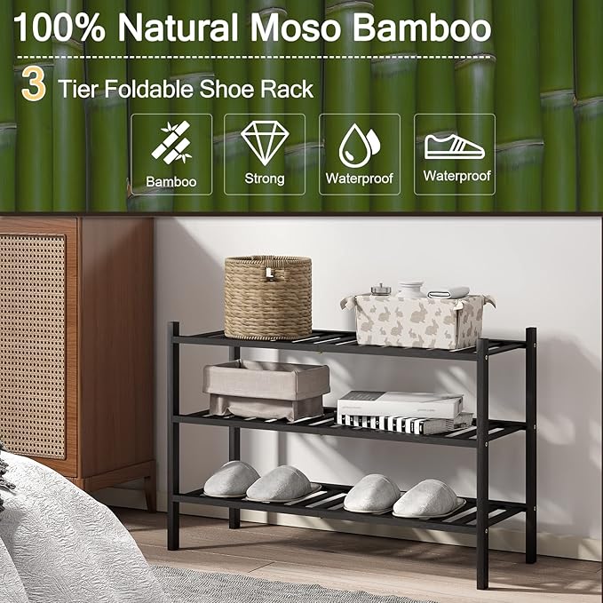 Shoe Rack, 3-Tier Bamboo Stackable Shoe Shelf Storage Organizer, Shoe Stand for Closet, Entryway and Hallway