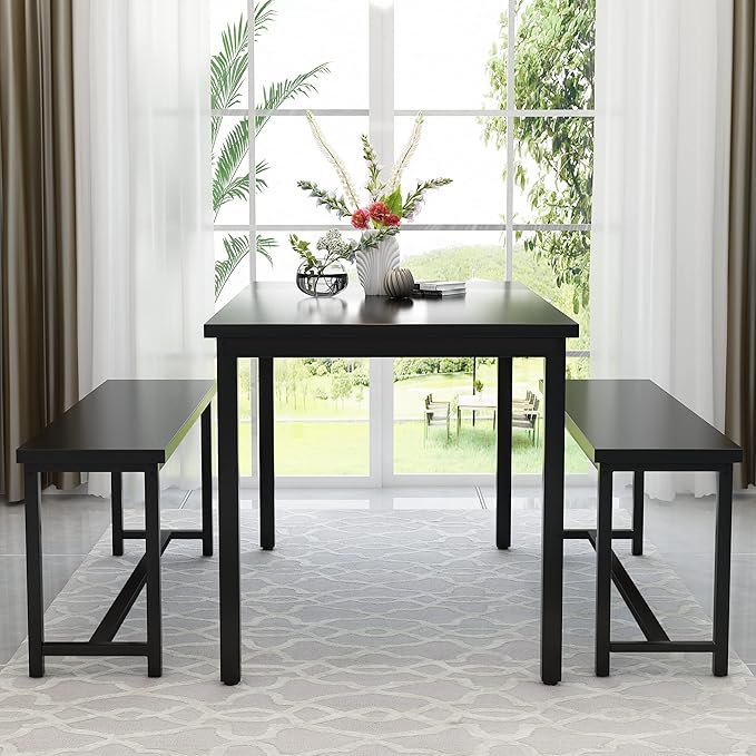 AWQM Dining Table Set for 4, Kitchen Table Set with 2 Benches, 47.2Inch 3-Piece Dining Room Table Set with Metal Frame and MDF Board, Sturdy Structure, Space-Saving, Black