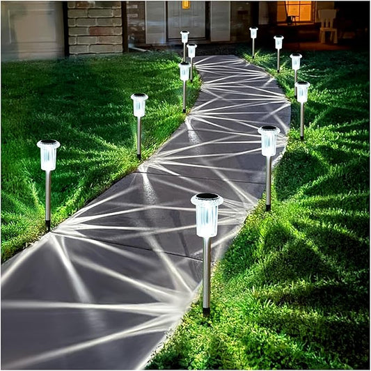 Solar Pathway Lights 10 Pack Solar Lights Outdoor Waterproof 6000K Cold White Yard Lighting, LED Stainless Steel Stake for Garden Outside Landscape Lawn Driveway Walkway Path