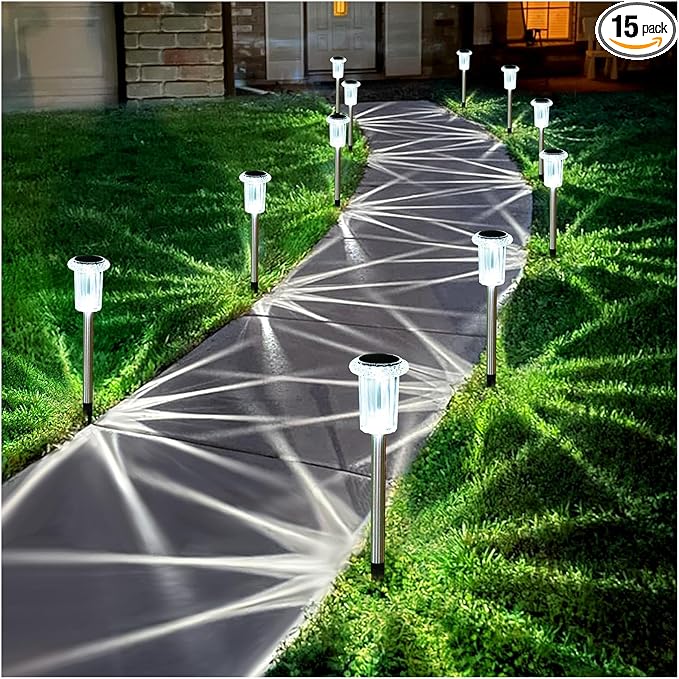 15 Pack Solar Pathway Lights Solar Lights Outdoor, Led Waterproof Yard Walkway Lighting Stainless Steel Garden Stake for Outside, Path, Landscape, Driveway, Backyard (Cold White)
