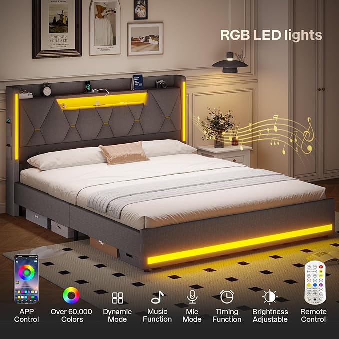 Queen Bed Frame with Headboard, Platform Bed Frame Queen Size with LED Lights & Charging Station, Upholstered Bed Frames with Storage Headboard, No Box Spring Needed, Easy Assembly, Gray