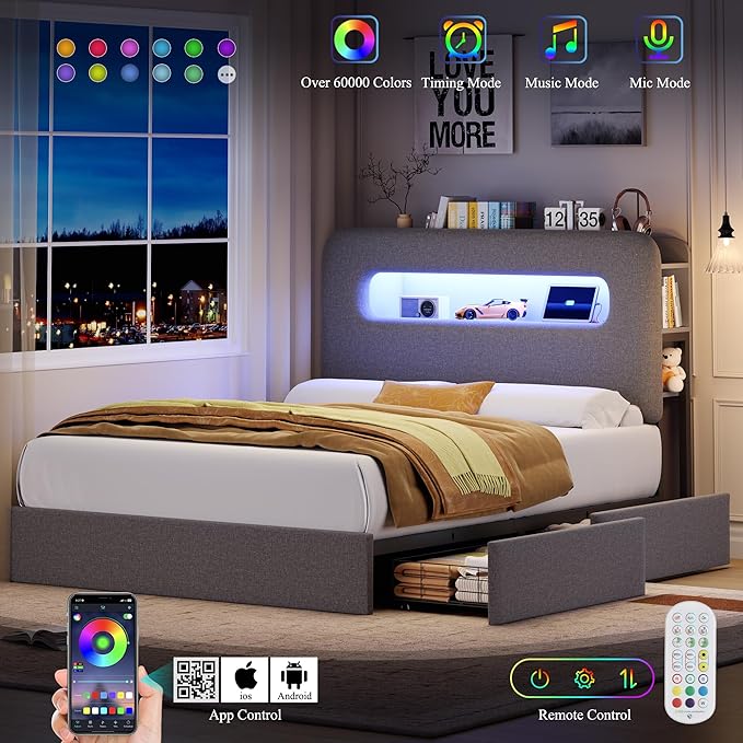 HOSTACK Full LED Bed Frame with Storage Headboard and Charging Station, Boys Bed Frame with 2 Drawers and USB Ports, Velvet Upholstered Platform Bed Frame with Bookcase, No Box Spring Needed, Grey