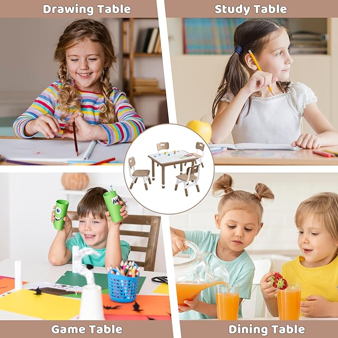 Kids Table and 4 Chairs Set, Height Adjustable (17.7"-26.1") Toddler Table and Chair Set, Multi-Activity Table with Graffiti Desktop, Children’s Table and Chairs for Classroom, Home & Daycare
