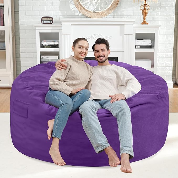 4FT Bean Bag Chair, Large Bean Bag Chairs with Memory Foam Filled, Fluffy Beanbag Sofa with Dutch Velvet Cover, Round BeanBag Chairs for Living Room, Playroom - Purple