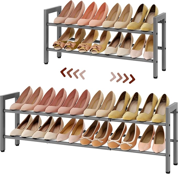 FAVOOSTY 2-Tier Expandable Shoe Rack, Adjustable Shoe Shelf Storage Organizer Space Saving Metal Free Standing Shoe Rack for Entryway Closet Doorway, Silver Grey