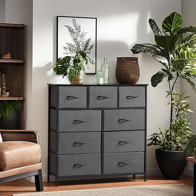 Sweetcrispy Dresser with 9 Drawers for Bedroom, Fabric Dresser Storage Tower, Chest of Drawers Organizer Unit, Storage Cabinet for Hallway, Closets, Steel Frame, Wood Top, Modern Grey