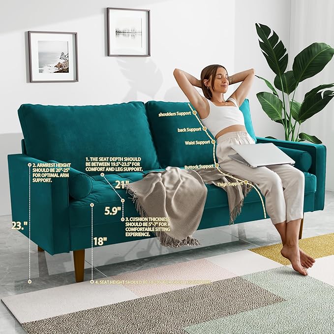 Modern Sofa,70 Inch Velvet Couch for Living Room,Spring Cushions,Solid Wood Frame,Easy Assembly for Small Spaces (Teal Blue)