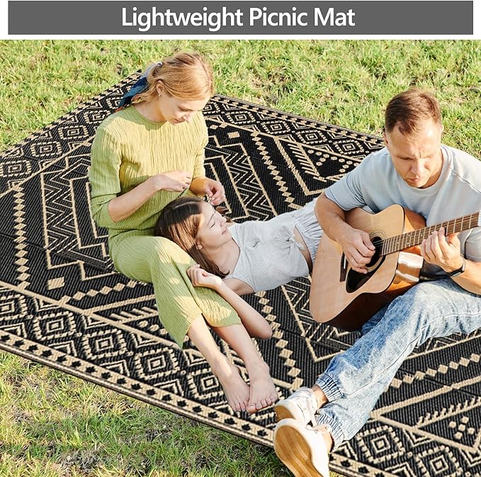 Waterproof Outdoor Rug 5x8 ft, Reversible Plastic Straw Mat, Large Floor Mat for Patio, Camping, Picnic, Backyard RV, Deck, Black