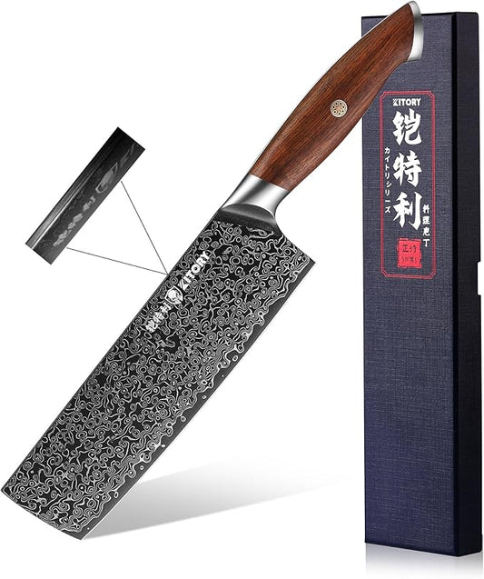 73 Layers Damascus Nakiri Knife 7.5", 10Cr15CoMoV HC Super-Steel cutting core, Japanese Style Usuba Kitchen Knife, Full Tang Sandalwood Handle, w/t gift box