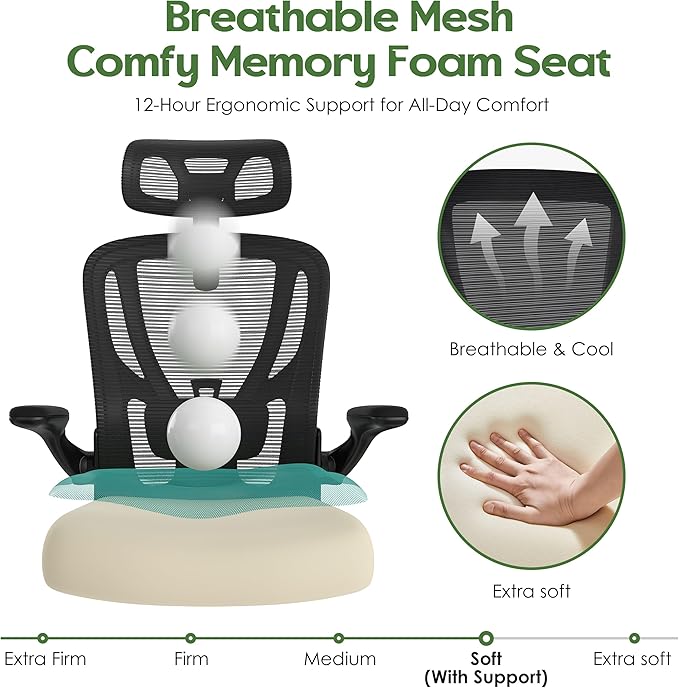 Office Chair Ergonomic Desk Chair - Mesh High Back Office Chair with Headrests Wheels Lumbar Support Home Desk Office Chairs Flip up Armrest Executive Rolling Swivel Task Computer Chair Black