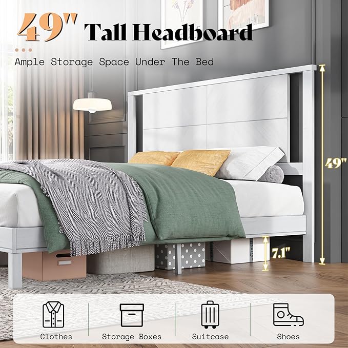 AMERLIFE Solid Wood Queen Size Bed Frame with Headboard, Rustic Style Platform Bed Frame with Under-Bed Storage, No Box Spring Needed, Noise Free, Easy Assembly, Antique White