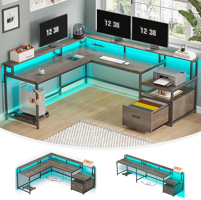 SEDETA L Shaped Desk, 66" Home Office Desk with File Drawer and Power Outlet, Corner Computer Desk with Monitor Shelf, Printer Storage Shelves, Gaming Desk with Led Lights, Two Person Desk, Walnut