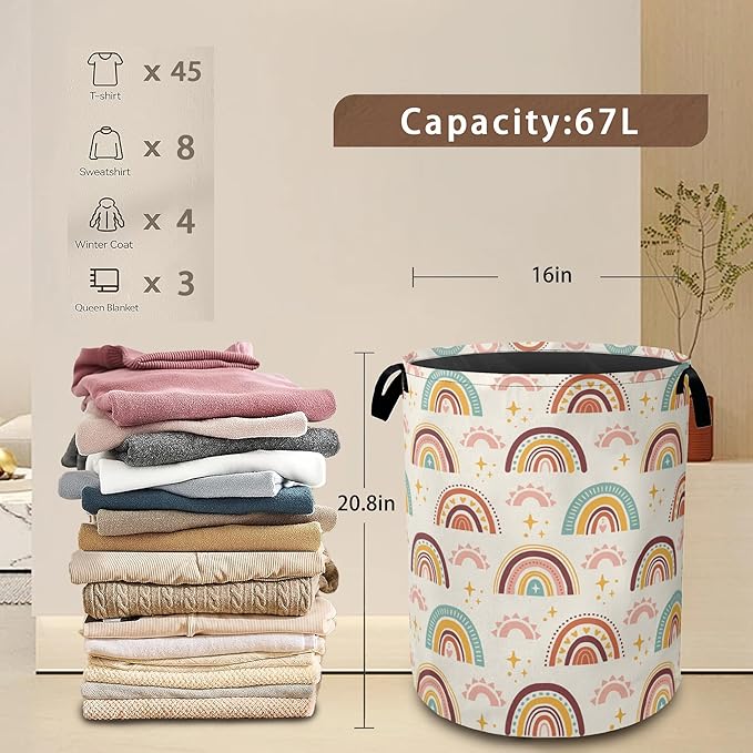 Boho Rainbows Laundry Basket,Stars Sparkles Collapsible Laundry Baskets with Handles,Waterproof Oxford Cloth Storage Basket 16"x20" for Bathroom/Bedroom/Dormitories