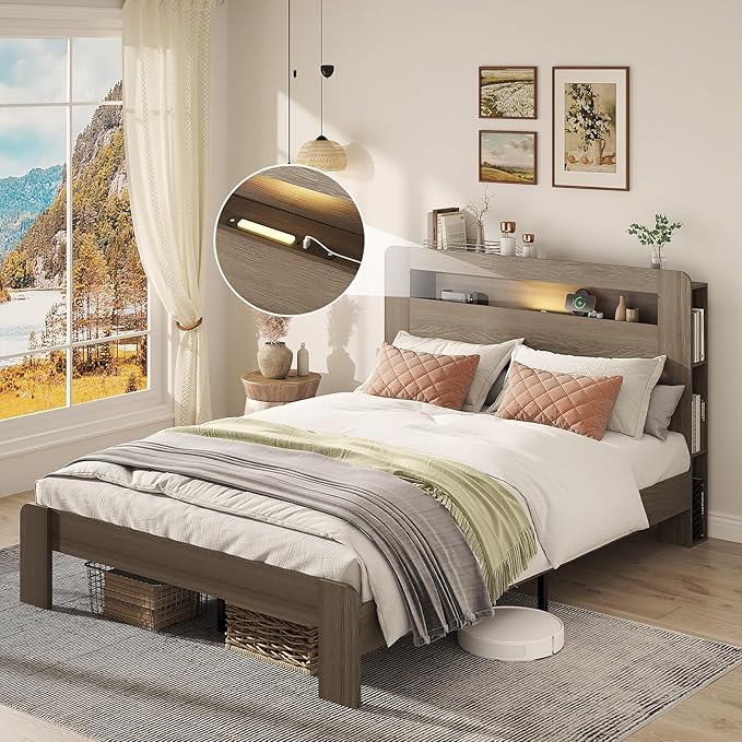 Wooden Bed Frame Queen Size with Storage Headboard - Farmhouse Platform Bed Frame with Bookcase Shelf & Led Lights, Sturdy Wood Slat Framework Bed Frame (Light Brown LED)