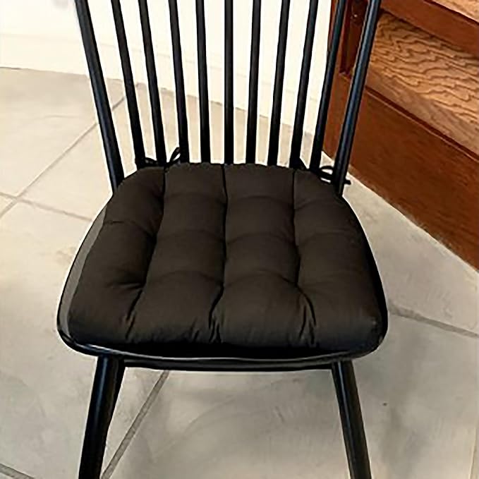 Barnett Home Decor Cotton Duck Black Dining Chair Pad with Ties - 15 x 17 Size Small Chair Cushion - Latex Foam Fill - Machine Washable, Reversible, Solid Color, 100% Cotton, Made in USA