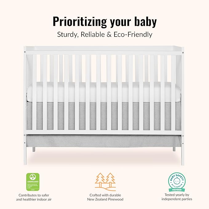 Dream On Me Synergy 5-in-1 Convertible Full-Size Baby Crib with Toddler, Day & Full Bed Conversion in White, GreenGuard Gold & JPMA, 3 Mattress Heights, Sustainable Pinewood