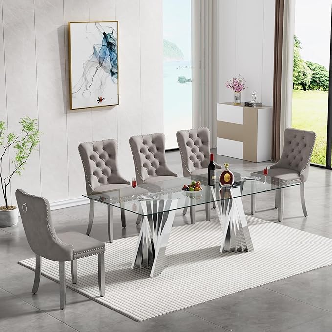 Goujxcy Modern 7 Piece Glass Dining Table Set Luxury Glass Kitchen Table and Chair Set for 6, 70" Large Rectangular Dining Room Table with 6 Tufted Chairs and Stainless Steel Legs (Silver & Grey)