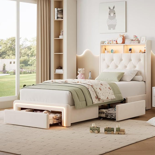 Twin LED Bed Frame with Storage Headboard & Charging Station, Velvet Fabric Platform Bed Frames with 3 Drawers, Button Tufted Upholstered, No Box Spring Needed, Beige
