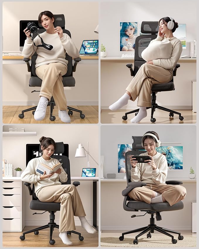 Hbada P1 Ergonomic Office Chair, Desk Chair with Adjustable Lumbar Support, Home Office Desk Chair with 2D Headrest, Flip-up Armrest, Swivel Computer Chair, Black