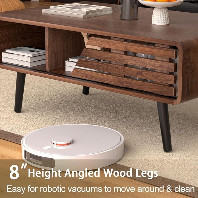 Mid Century Modern Coffee Table - Coffee Table for Living Room, 39.4" Fluted Design with Sliding Door Storage & Open Shelves, Wood Construction, Walnut