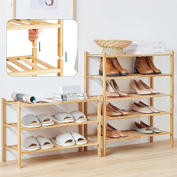 5-Tier Bamboo Shoe Rack for Entryway, Stackable | Foldable | Natural, Shoe Organizer for Hallway Closet, Standing Shoe Racks for Indoor Outdoor