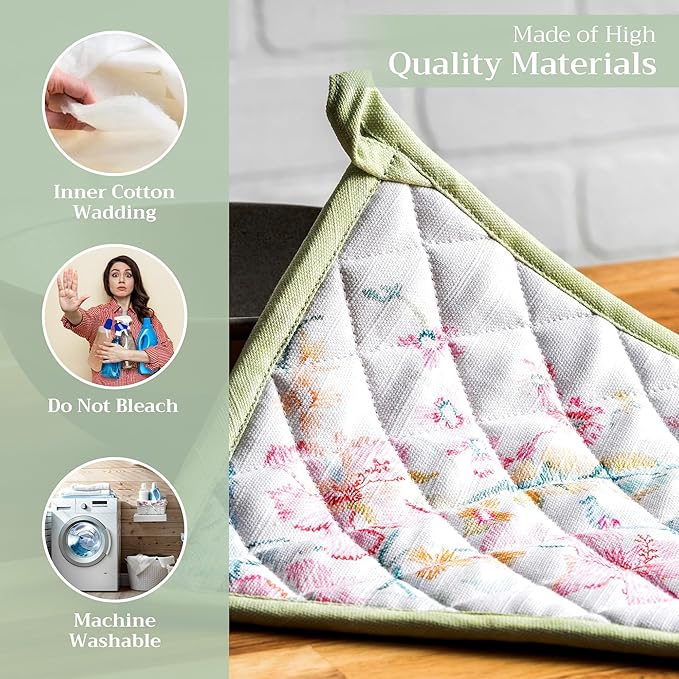 Maison d' Hermine Pot Holders 100% Cotton Heat Resistant Potholders 8" x 8" Hot Pads with Loop BBQ, Cooking, Baking, Grilling, Kitchen, Handling Hot Pans Spring/Summer (Pack of 1, Paradise Island)