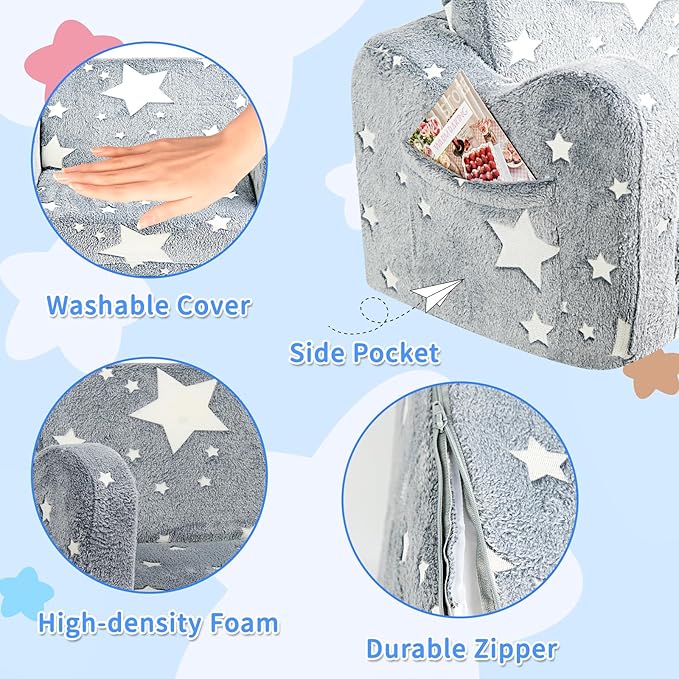Kids Couch for Toddlers, 2-in-1 Kids Sofa Toddler Couch Chair Glow in The Dark, Comfy Soft Foldable Kid Chair for Girls and Boys