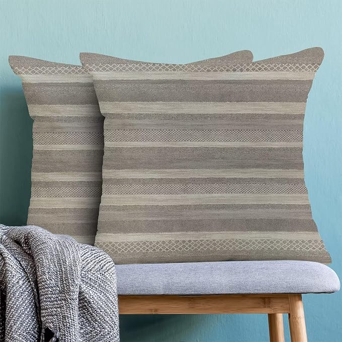 Boho Grey Stripe Throw Pillow Covers 18x18 Inch Set of 2, Rustic Abstract Decorative Throw Pillow Covers Retro Stripe Neutral Outdoor Cushion Cover for Sofa Couch Farmhouse Room Bed Decor