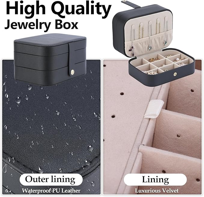 Travel Jewelry Case with LED Lighted Mirror, Portable Travel Jewelry Organizer, 2-Layer Jewelry Box for Earrings Necklace Bracelet Rings, Birthday Gifts for Women Girls Kids (Black)