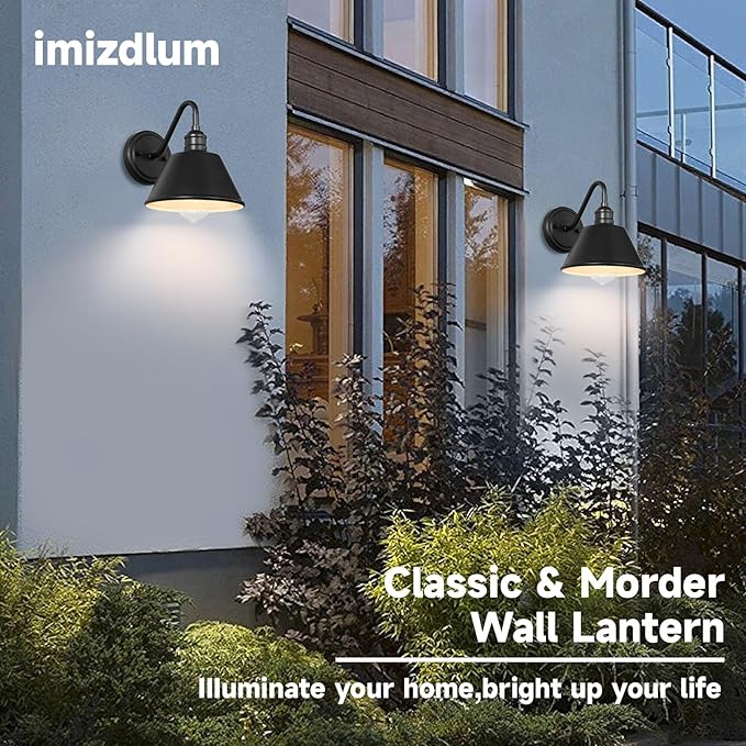 2-Pack Gooseneck Outdoor Light Fixtures, Outdoor Wall Sconces, Farmhouse Barn Light for Porch, Matte Black Iron Wall Light, Waterproof & Anti-Rust, Garage, Patio, Garden, E26 Base