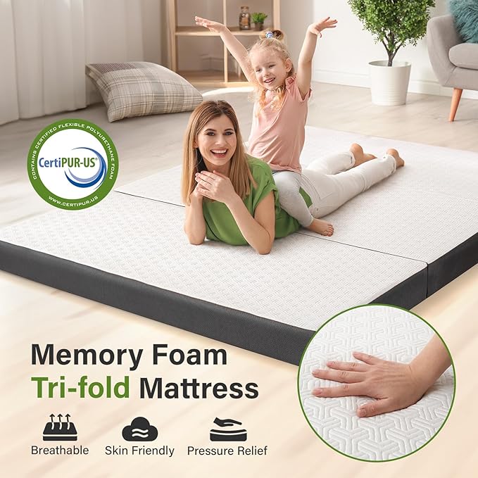 Folding Mattress 3in Twin Memory Foam Tri-Fold Futon with Washable Cover Foldable Floor Mat for Guest Bed, Camping, Yoga, RV Travel, White (Size: 38" L x 75" W x 3" Th)