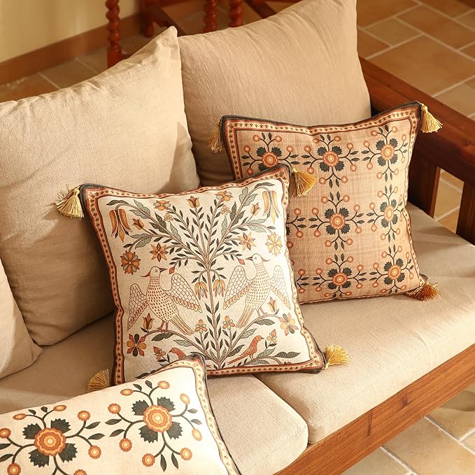 Brown Throw Pillow Covers Set of 4,Floral Farmhouse Linen Accent Pillows Cover for Couch Throw Pillows Cases,Decor Lumbar and Square Pillows for Couch Sofa Bed Chair Cushion Covers