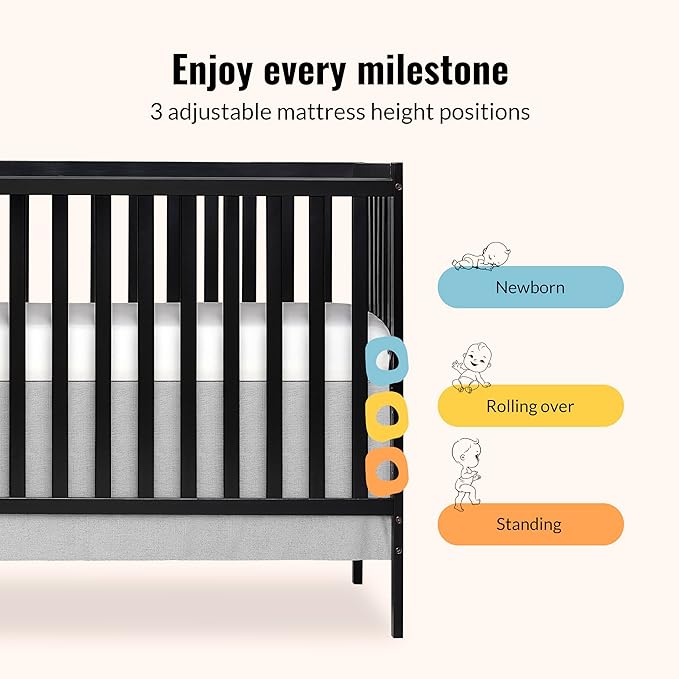Dream On Me Synergy 5-in-1 Convertible Full-Size Baby Crib with Toddler, Day & Full Bed Conversion in Black, GreenGuard Gold & JPMA, 3 Mattress Heights, Sustainable Pinewood