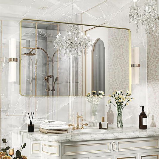 50×30 Glod Bathroom Mirror, Rectangular Bathroom Vanity Mirror for Wall with Rounded Corners & Aluminum Alloy Frame, Tempered-Glass, Modern, Farmhouse, Horizontal/Vertical, Entryway, Bedroom